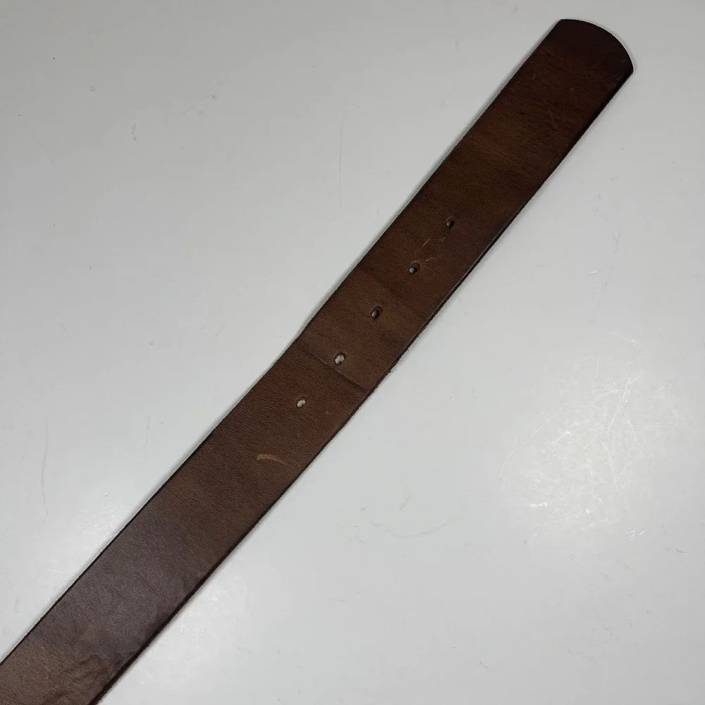 Vintage Handmade Leather Belt Mens 38 Brown Brass Square Buckle Full Grain